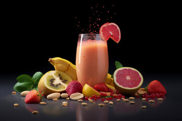 healthy fruit smoothy, juice, fresh fruits with water droplets, ginger, oats