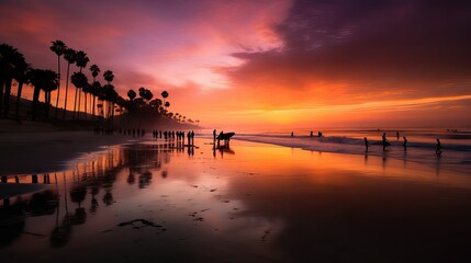 Obraz premium California summer sunset with palms at the wet horizon with orange and red hues, warm and inviting, generative ai