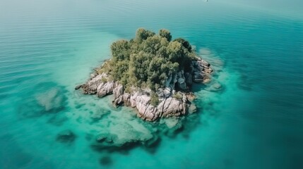 Naklejka na ściany i meble Aerial view of a paradisiacal island, stunning and idyllic, in the middle of the sea, generative ai