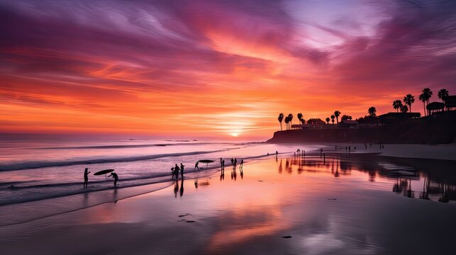 California summer sunset with palms at the wet horizon with orange and red hues, warm and inviting, generative ai