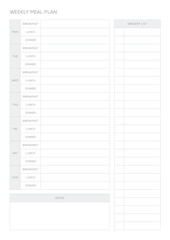 A weekly meal plan design template in a modern, simple, and minimalist style. Note, scheduler, diary, calendar, planner document template illustration.