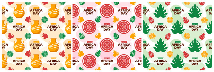 Set of Happy Africa Day Seamless Pattern Design with Culture African Tribal Figures Decoration in Template Hand Drawn Cartoon Flat Illustration