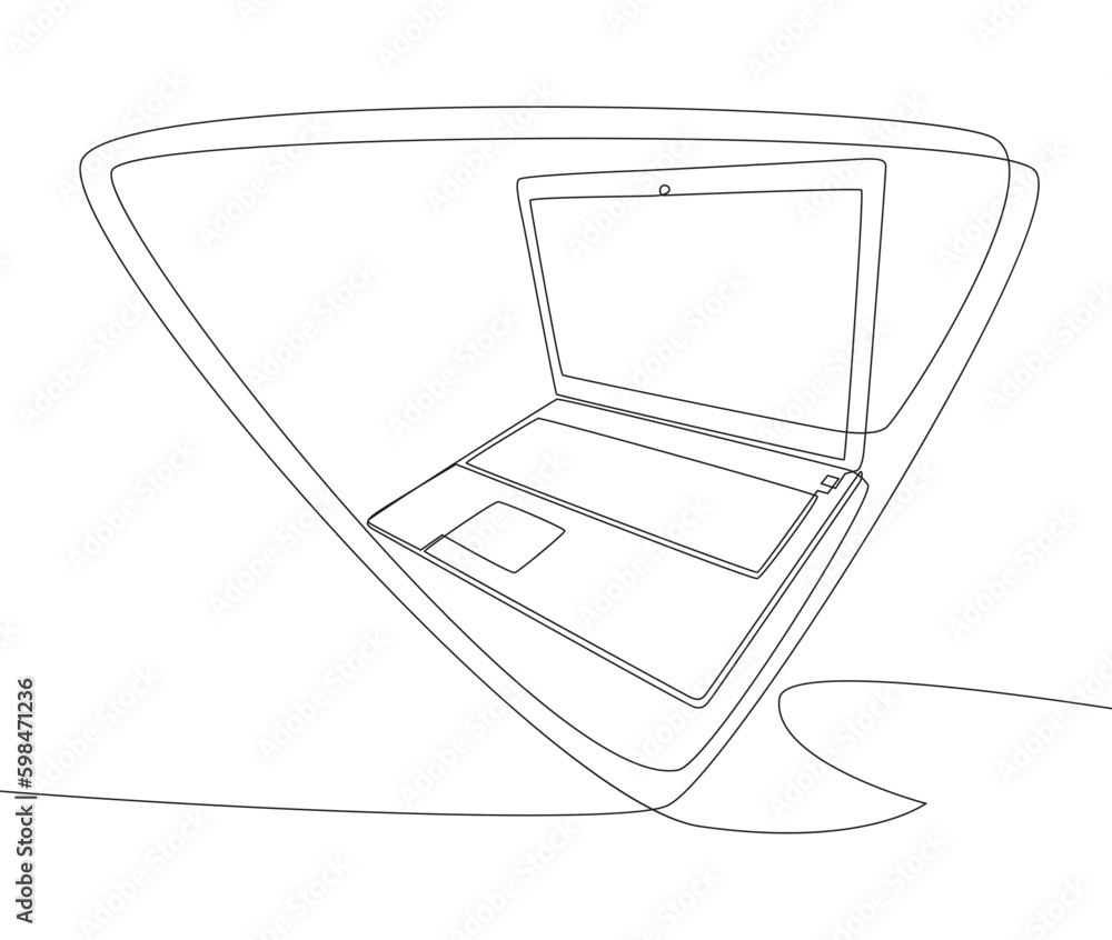 Poster one continuous line of speech bubble with laptop. thin line illustration vector concept. contour dra