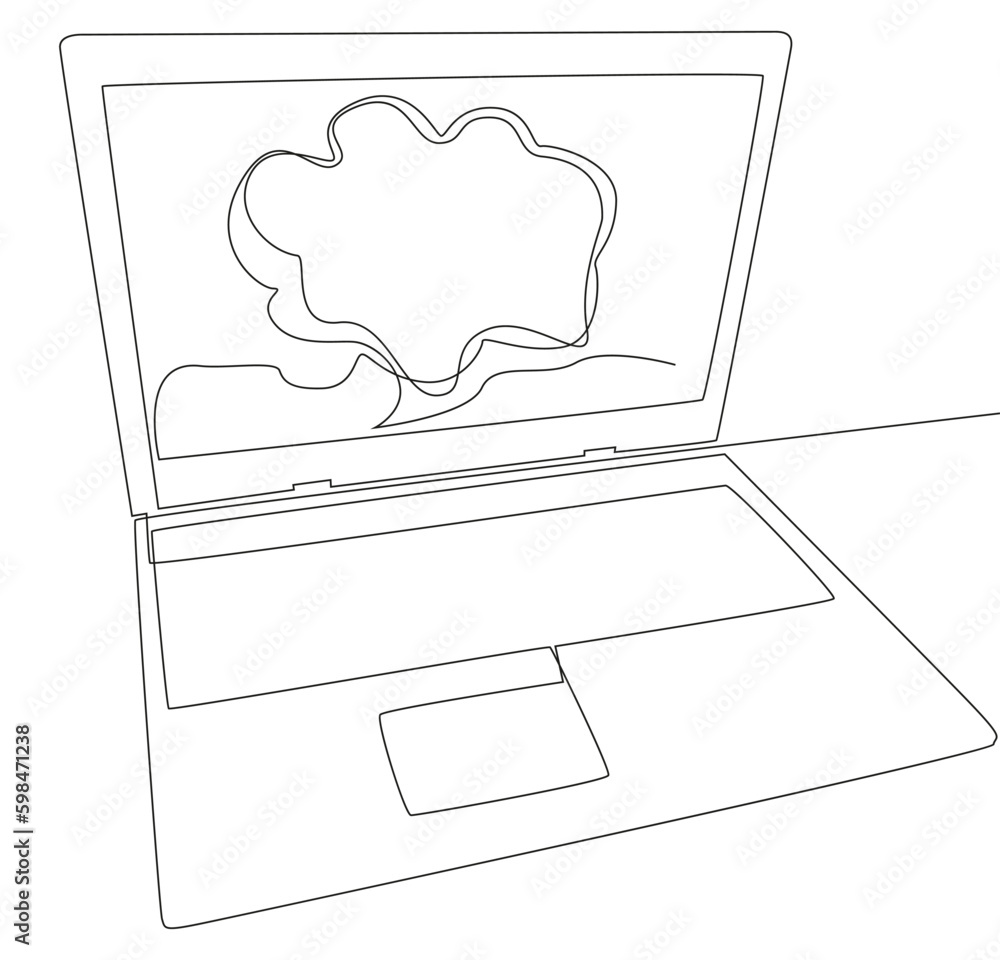 Poster one continuous line of speech bubble with laptop. thin line illustration vector concept. contour dra
