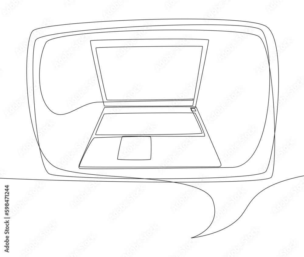 Poster one continuous line of speech bubble with laptop. thin line illustration vector concept. contour dra