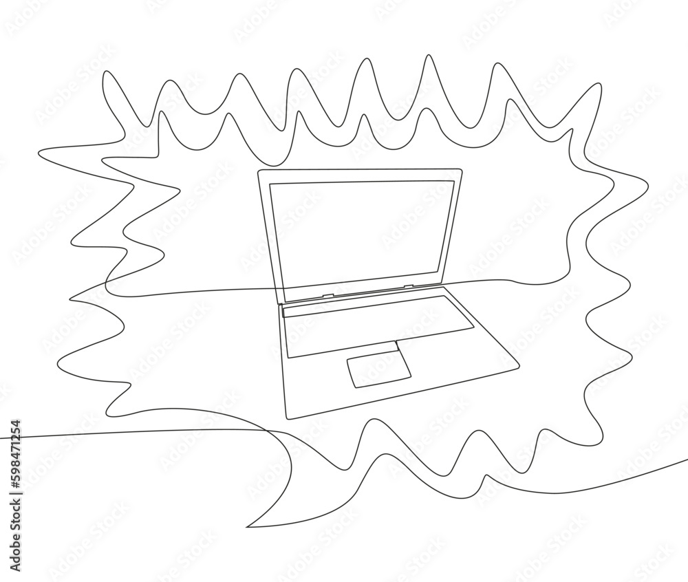 Poster one continuous line of speech bubble with laptop. thin line illustration vector concept. contour dra