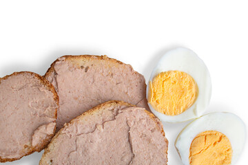 Sandwiches made of bread and pate, next to it lies an egg cut in half. Isolated on transparent background.