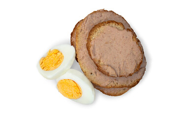 Sandwiches made of bread and pate, next to it lies an egg cut in half. Isolated on transparent background.
