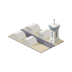 Isometric Vector Illustration of Military Base with Tower, Army Tents, and Road in Desert Flat Style