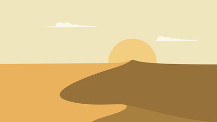 Flat Style Vector Illustration of Desert Landscape with Sun, Sunset, Clouds, and Dramatic Colors
