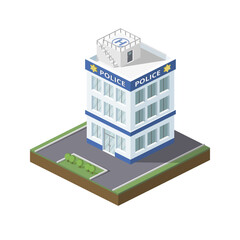 Isometric Vector Illustration of Police Department Building with Helipad on Top Roof in Flat Color Style