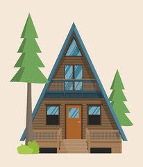 2D Vector Illustration of a Three-Floor Tiny Rural House in Flat Style amidst Forests and Trees