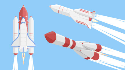 Flat Vector Illustration of Three Rockets Launching into Blue Sky with Red and White Color Scheme