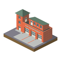 Isometric Vector Illustration of a Red Fire Department Building with 3 Garages in Flat Color Style