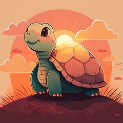 A turtle is sitting on a hill in front of a sunset.