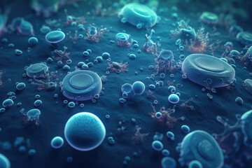 Bacterial colony Bacteria Blue color Microbes. Concept of science and medicine banner, generative AI