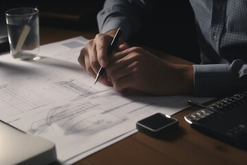 business person planning construction project budget with financial statements on desk