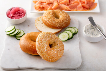 Freshly baked bagels served with dill cream cheese and salmon