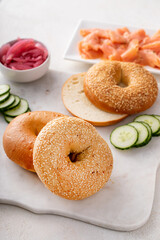 Freshly baked bagels served with dill cream cheese and salmon