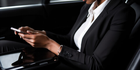 Beautiful Businesswoman is Commuting from Office in a Backseat of Her Luxury Car at Night. Checking information on financial website, using smartphone for online work