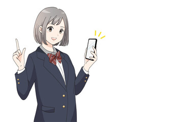 スマホを持って指差ししているブレザー服の女子学生のバナーイラスト