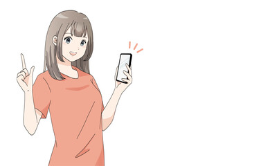 スマホを持って指差ししている若い女性のバナーイラスト