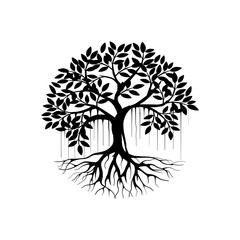 Banyan tree vector silhouette, black and white colors