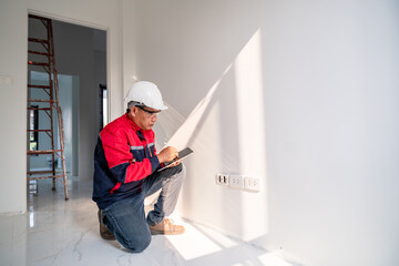 Asian engineer or senior specialist checking electrical outlets in a new unfinished residential...