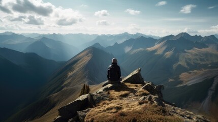 person enjoying a scenic view from a mountain summit, generative ai