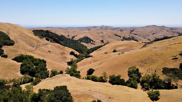Aerial shot of the low mountains along the Pacific Coast in California north of San Luis Obispo.