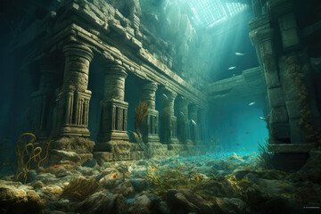 Ancient lost city of Atlantis underwater city of mythology, generative AI