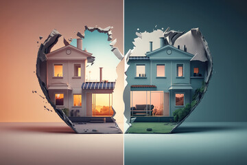 Heart shaped apartment is torn in half. Concept division of jointly acquired property in marriage, separation of house during divorce of family, generative AI - obrazy, fototapety, plakaty