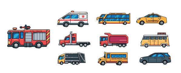 cars icon flat vector cartoon illustration collection set.