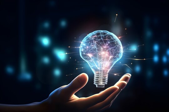 Hand holding glowing lightbulb with connection line for creative thinking idea and innovation concept