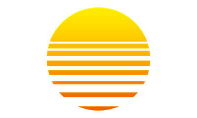 Retrowave low stripped sun. Retro 80s yellow orange red glowing illustration - white