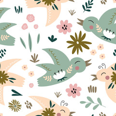 Seamless pattern with birds in scandinavian style surrounded by plants and flowers. Vector illustration for your design