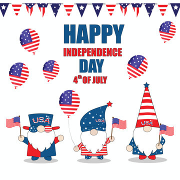 Cute America Gnomes 4th July Summer theme cartoon doodle vector illustration