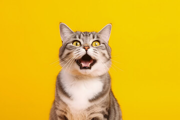 Portrait of a happy and excited cat with yellow eyes on isolated yellow background - obrazy, fototapety, plakaty