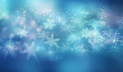 Fototapeta na wymiar Abstract illustration of Christmas snowflakes and spots of bokeh light against a blue background