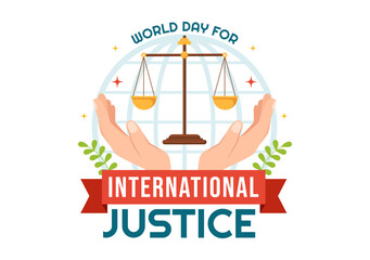 World Day for International Justice Vector Illustration with Earth, Scales or Judge Gavel in Flat Cartoon Hand Drawn to Landing Page Templates