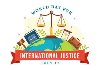 World Day for International Justice Vector Illustration with Earth, Scales or Judge Gavel in Flat Cartoon Hand Drawn to Landing Page Templates