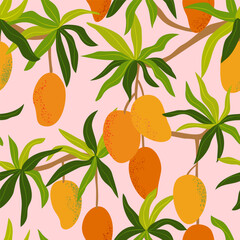 Seamless pattern with whole mangoes, leaves, branches isolated on pink background. Tropical summer design background. 