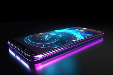 Close-up of an abstract smartphone with holographic wallpaper on the screen, isolated on black background