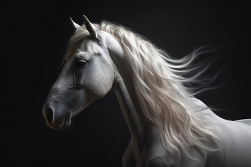 Obraz na płótnie Canvas Gorgeous white horse with beautiful flowing mane photorealistic portrait. generative art