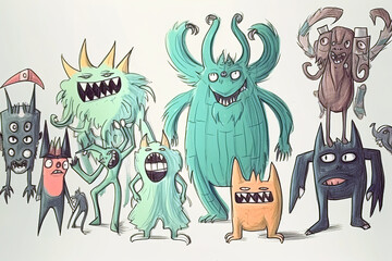 Group of cute cartoon monsters, kids hand drawing. Generative art