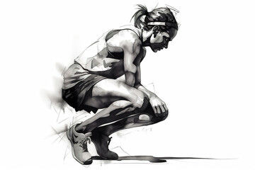 Silhouettes of the tired woman athlete, squatting. Side view. Charcoal drawing, generative art