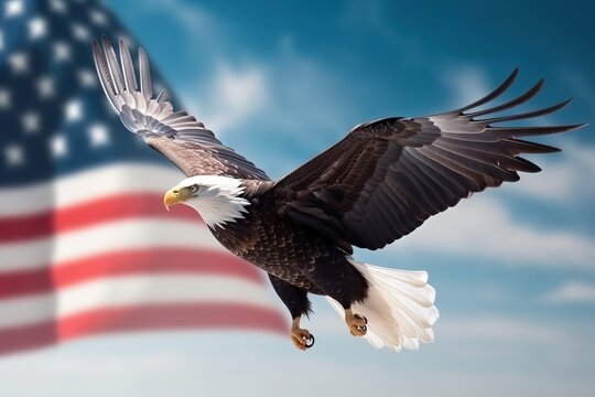 bald eagle flying on a clear day withe the american flag
