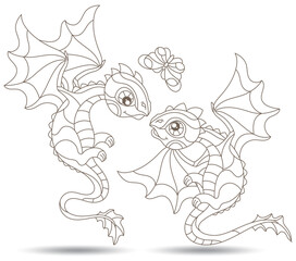 Set of contour illustrations in the style of stained glass with cartoon cute dragons, dark outlines on a white background