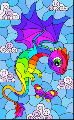 Stained glass illustration with bright rainbow cartoon dragon against a cloudy blue cloudy  sky, rectangular image