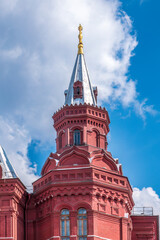 Fragment of the facade of an old building of the 19th century. State historical museum on the Red Square in Moscow, Russia